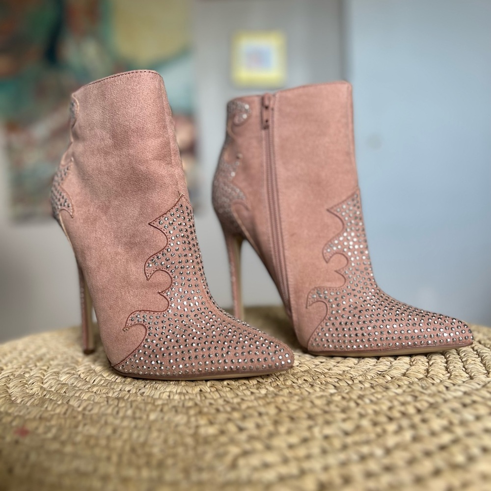JustFab pink and stuffed high heel boot